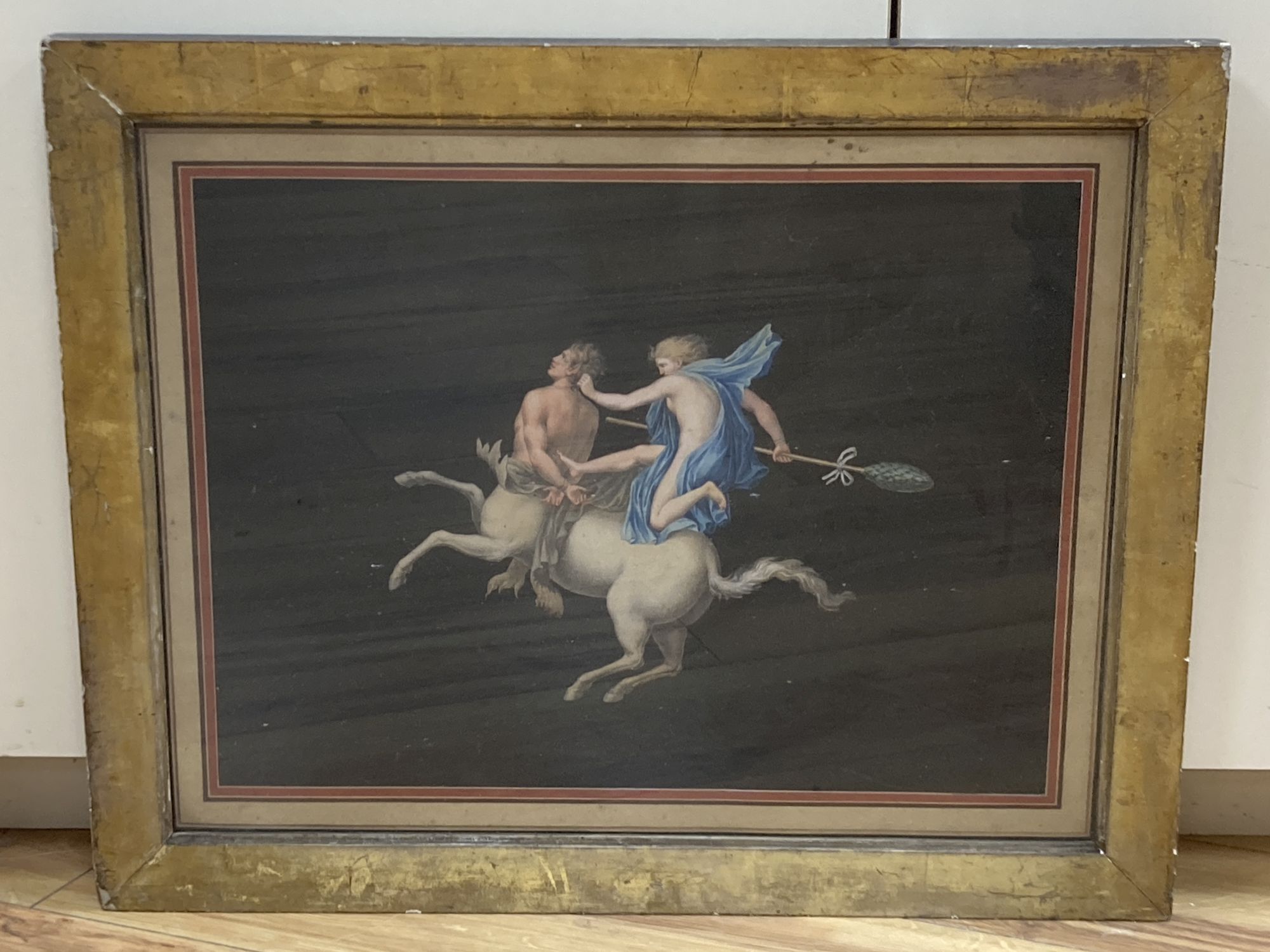 19th century Italian School, gouache on paper, Diana The Huntress and a Centaur, overall 36 x 47cm